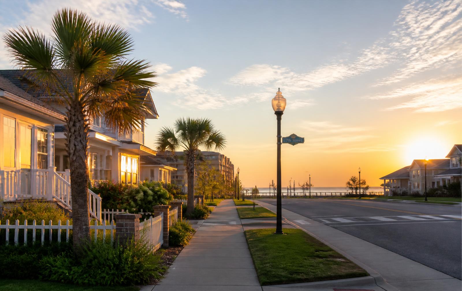 Quiet Virginia Beach residential street lined with palms at sunrise, with the oceanfront in the distance