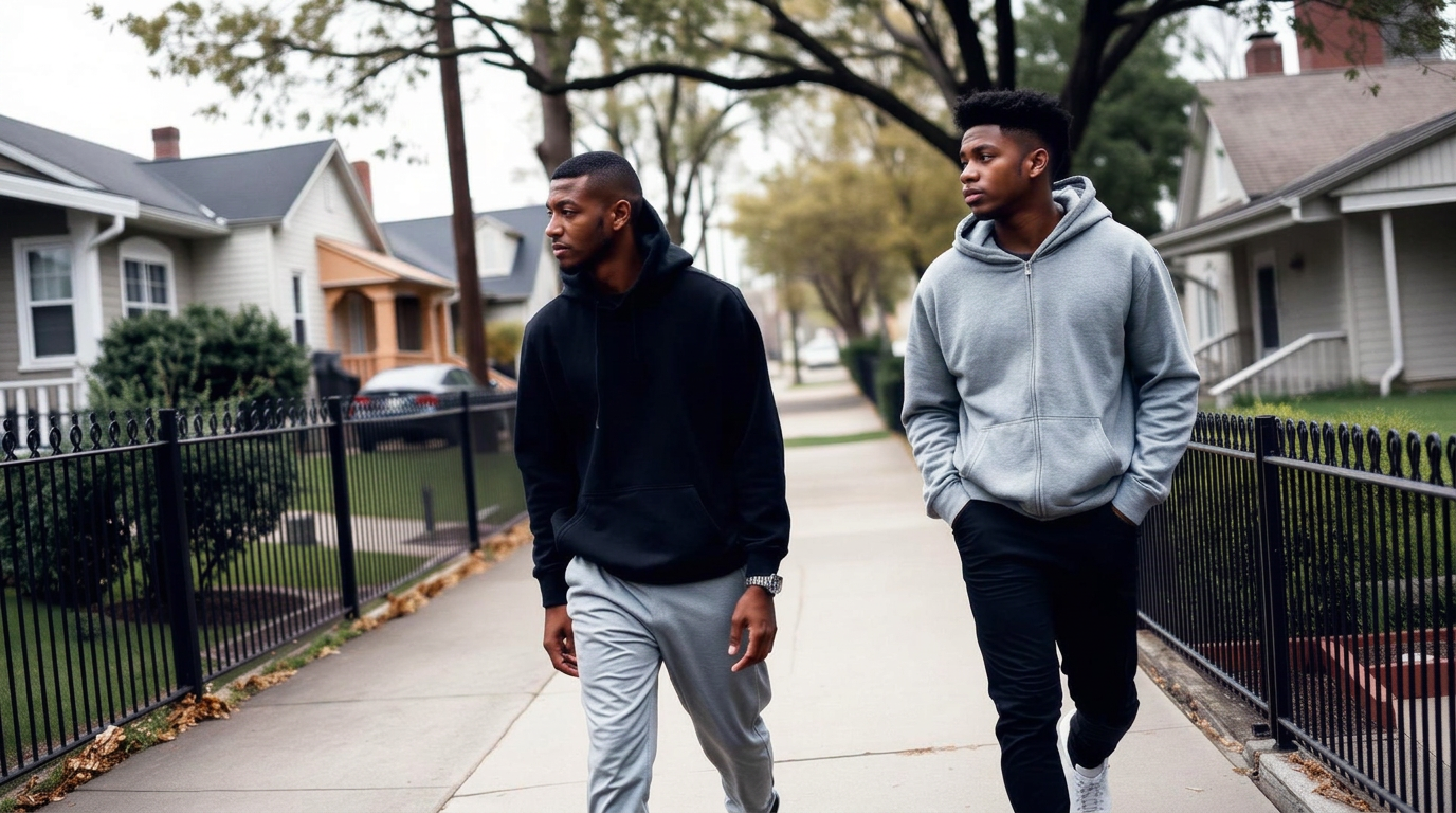 Two men walking and talking along a shaded neighborhood sidewalk near Chesapeake