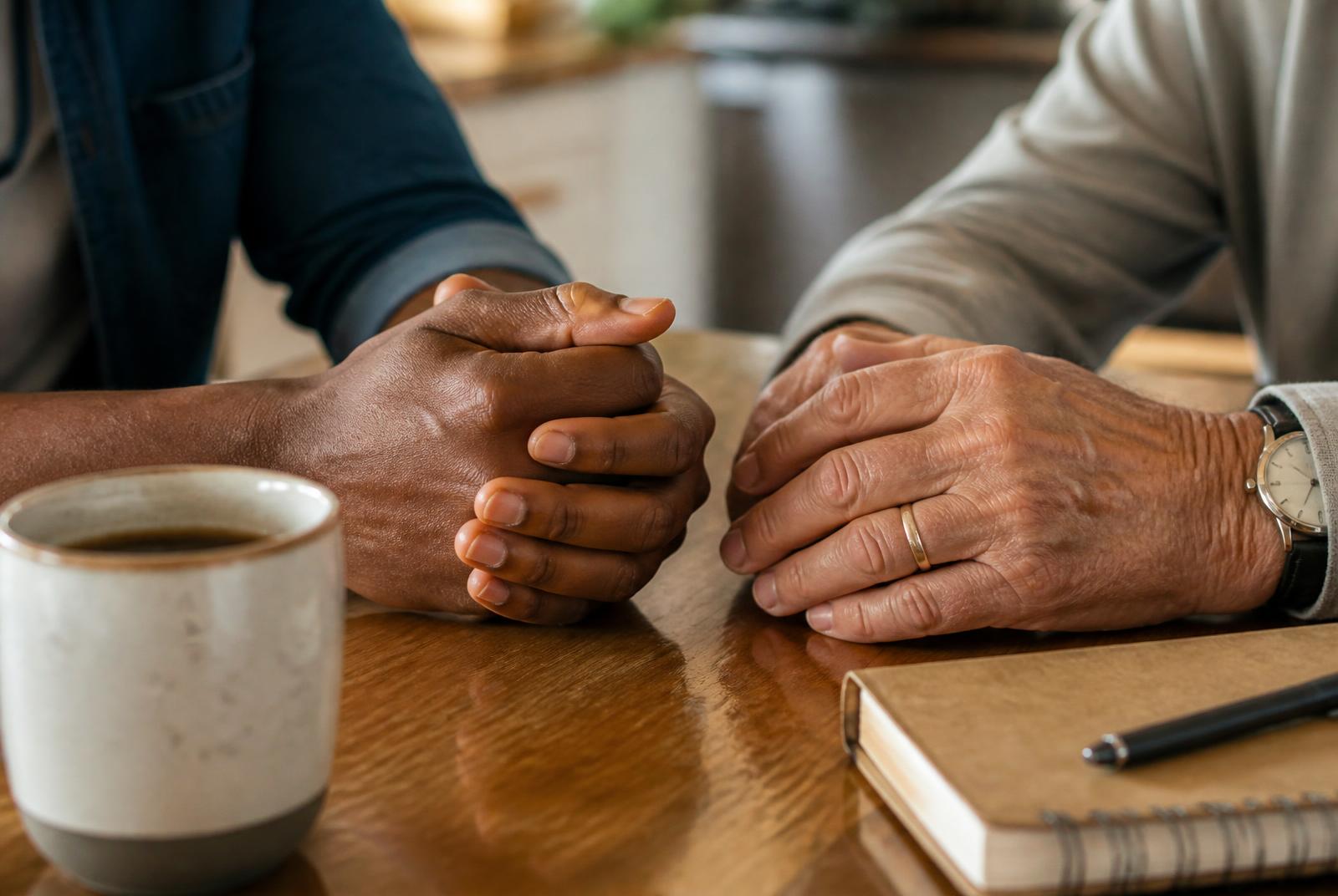 A younger man's hands and an older man's hands resting on a kitchen table during a conversation over coffee