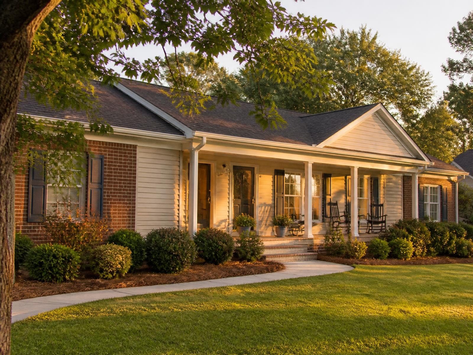 Front porch of a warm single-story residential home at golden hour, with rocking chairs and potted plants
