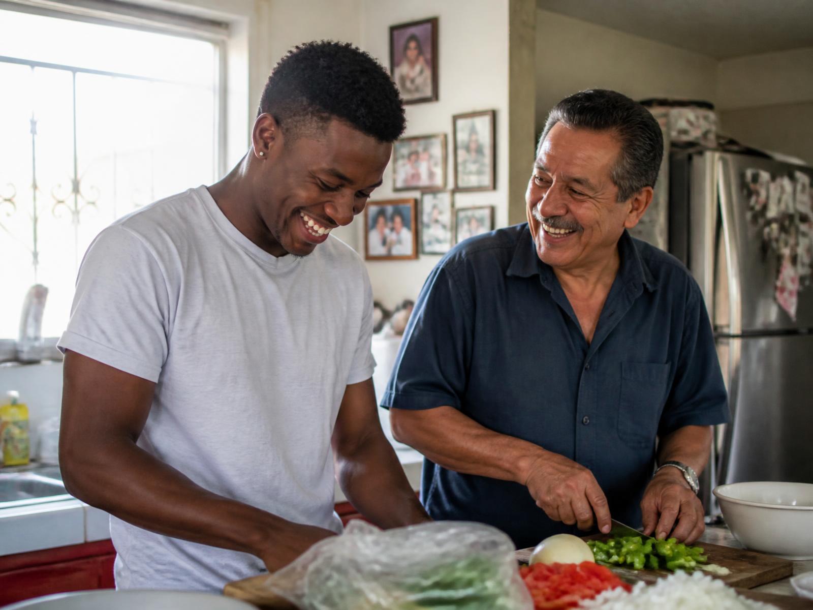 Two men preparing a meal together at a kitchen counter in bright daylight