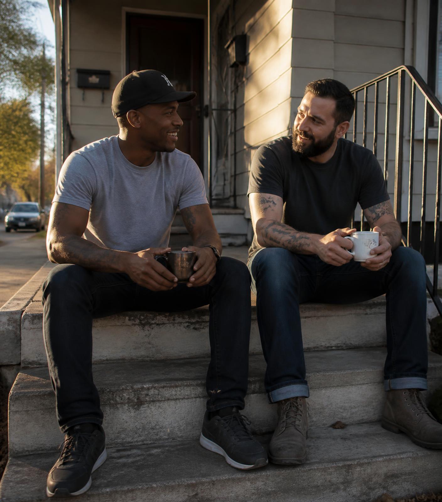 Two men sitting on the front steps of a home with coffee mugs, talking in the late afternoon sun