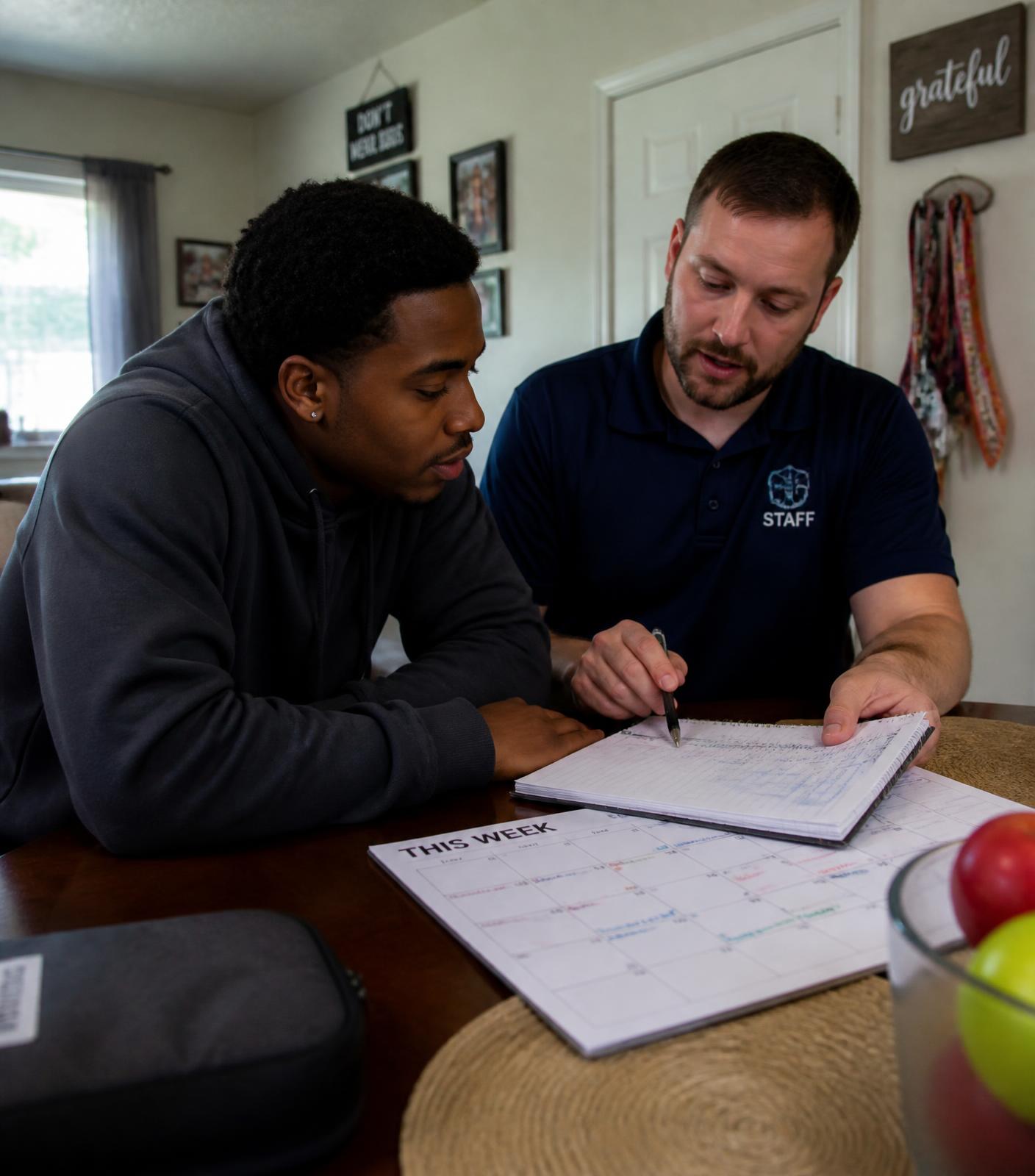 Two men at a dining table going over a notebook and a wall calendar together