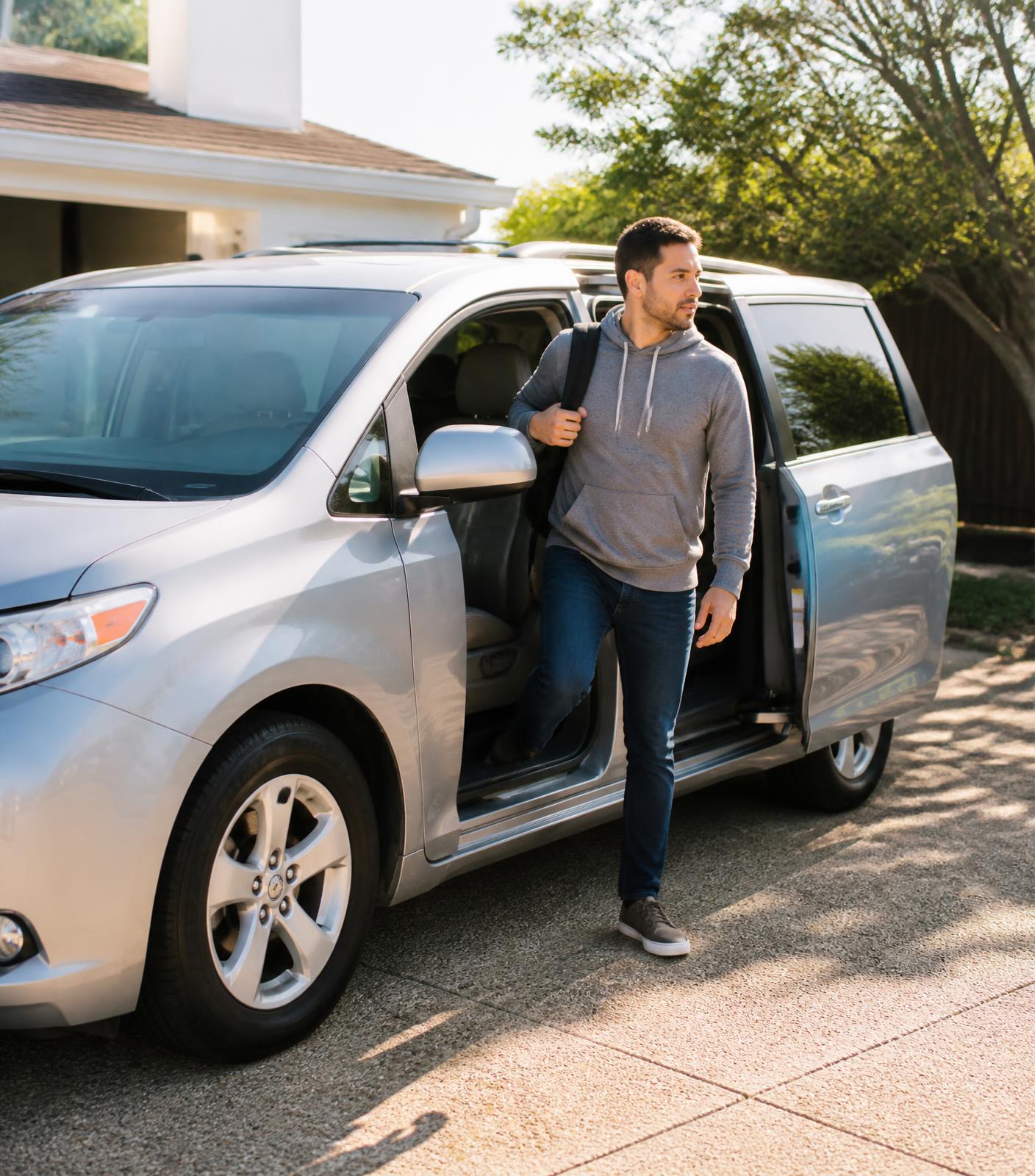 A man with a backpack stepping out of a silver minivan parked in a home driveway